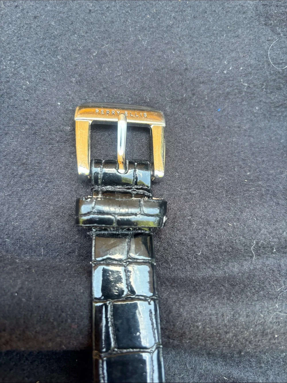 Perry Ellis Croc-Embossed Black Patent Leather Belt with Gold Buckle Vintage